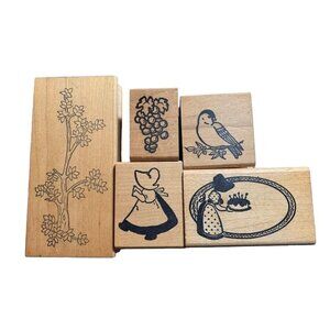Rubber Stamps Set of 5 Scenic Designs Wooden Bases Craft Art Supplies